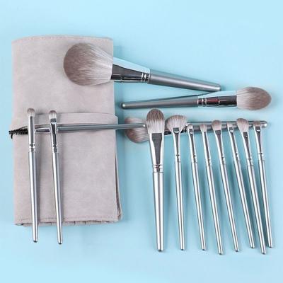 China Fan Brush Silver Metal Brushes Counter 14 Piece Universal Makeup Multi Use Brush Set for sale