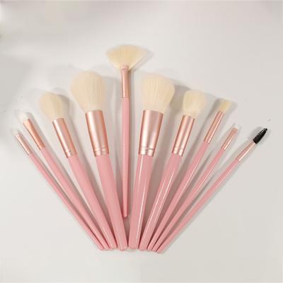 China Fan Brush Pink Handle Short Hand Personal Vegan Eyes Private Label Natural Hair Customized Logo 10 Pcs Makeup Brush Set for sale