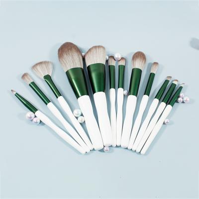 China Fan Brush Holder Green Travel Size Set Natural Hair Logo Powder Foundation 12pcs Custom Makeup Brush for sale