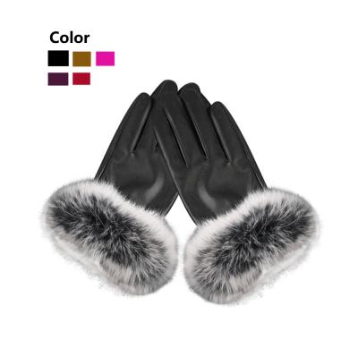 China PU2005 Polyurethane Women Leather Gloves Fashion Rabbit Fur Smelling Touch Striped PU Leather Winter Women Biker Warm Driving Gloves for sale