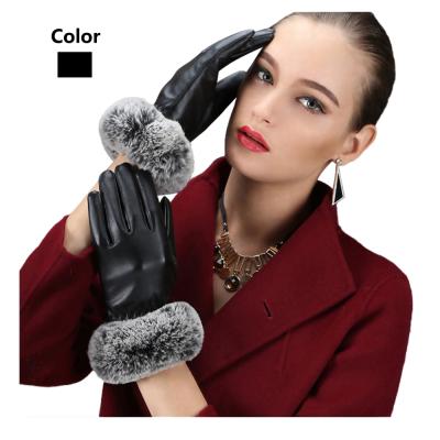 China Touch Feeling PU2011 Luxury Leather Ladies Winter Women's Rabbit Fur Lining Warm Striped Female Driving PU Leather Gloves for sale