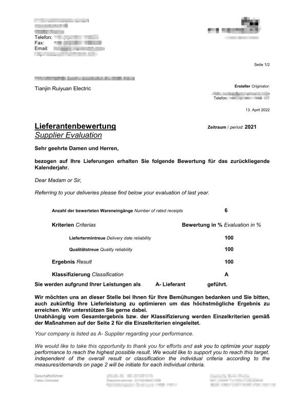 A-level supplier approval from German customers - Tianjin Ruiyuan Electric Material Co,.Ltd