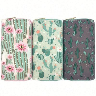 China High Quality Cute Waterproof PU Leather Cute Zipper Purse Money Girls Pattern Cactus Cartoon Long Wallet For Women for sale