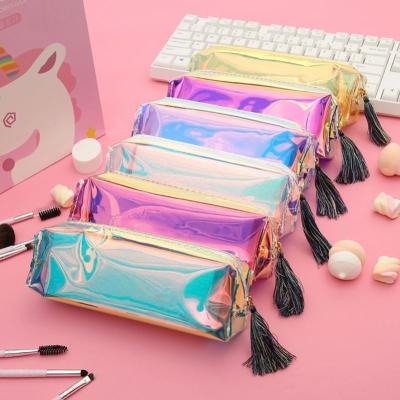 China Hot Selling PVC Holographic Clear Transparent Pencil Bag Holographic Light Storage Bag Colorful Laser Stationery School Pencil Case With Tassel for sale