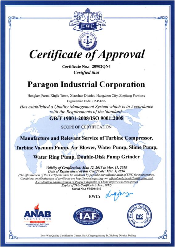 ISO9001 Certificate - PARAGON INDUSTRIAL CORP