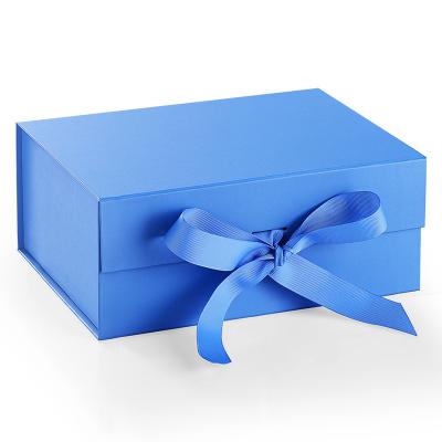 China High Quality Recyclable Blue Logo Luxury Cardboard Magnetic Folding Custom Gift Box With Ribbon Closure for sale