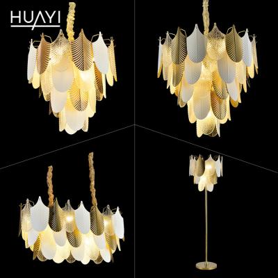 China HUAYI Modern Hot Selling Projects Living Room LED Gold Glass Indoor Chandelier Hotel E14 Metal Pendant Light Customized for sale