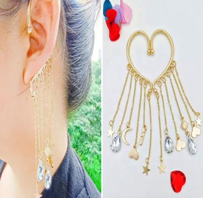 China FASHIONABLE Unpierced Crystal Star Moon Rhinestone Heart Shaped Alloy Plated Ear Hook Long Exaggerated Long Tassel Earrings for sale