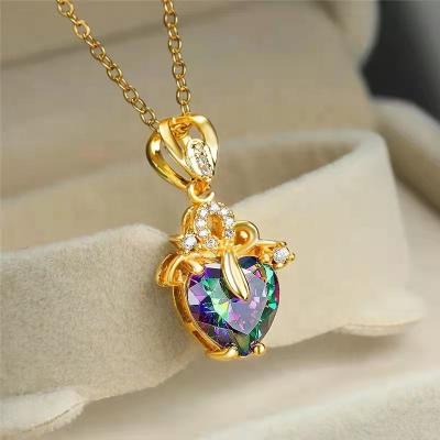 China Luxury Colorful Necklace Diamond Heart Necklace Colorful Crystal Rhinestone Love Heart Pendant Fashion 18k Environmental Friendly Wholesale Gold Pop for sale