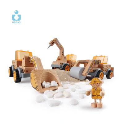 China Beech Wood 3 in 1 Assembly Engineering Truck Wooden Toys Set Digger Forklift Road Roller Kids Wood Construction Toy Vehicles for sale