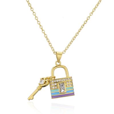 China Europe and America new fashion zircon female key and lock pendant necklace for women gold color punk vintage jewelry wholesale for sale