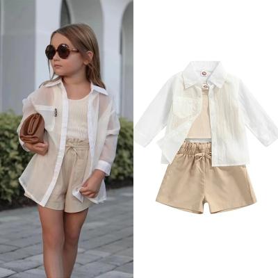 China Fashion Breathable Summer 3pcs Little Girls Clothes Sets Coat Sun Proof 1-6Y Long Sleeve + Solid Knit Vest + Shorts Set for sale