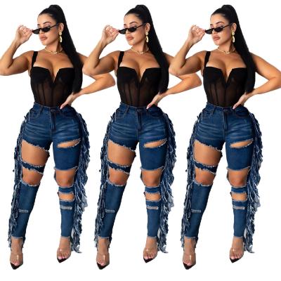 China QUICK DRY Trending Products 2021 New Arrivals Summer Dark Blue Pants Drop Tassel Jeans (Q599) for sale