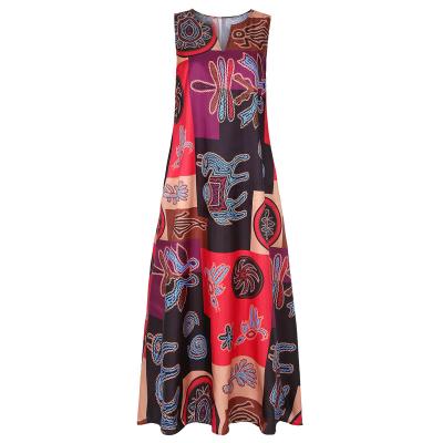 China 2021 Women's Anti-Static Summer Plus Size Print V-Neck Maxi Dress Female Fashion Casual Sleeveless Dress for sale