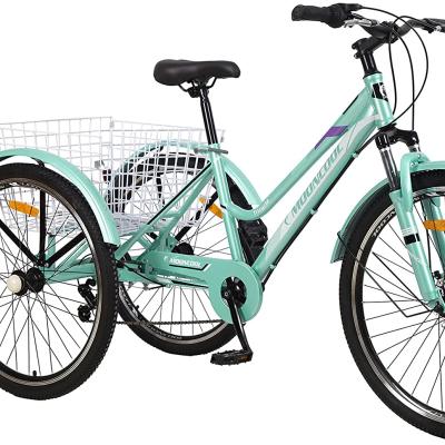 China Popular Adult Inch About 60.9 Cm Mountain Bike Three Wheels 24 Inch 26 Inch About 66 Cm Handlebar Adjustable Basket With Disc Brake for sale