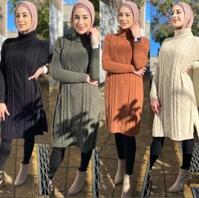 China Breathable Factory Solid Color Custom Turtle Neck Knitted Arabic Long Sleeve Middle East Women Muslim Sweater Dress for sale