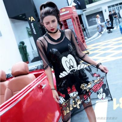 China Wholesale Women OEM ODM Anti-Shrink Short Sleeve See Through Sequin Ruffle Gauze Patchwork Decoration A Line Print Dress for sale