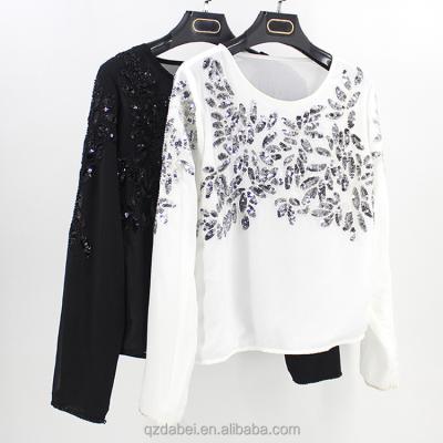 China Factory Sale Fashion Women Leaves Pattern Shiny Sequin Beaded Anti-pilling Blouse for sale