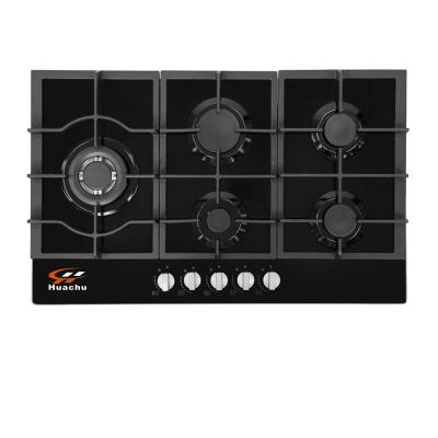 China Household 5 Fires Glass En Glass Griddle In Black Color LPG Gas Hob With Left Side Wok Burner for sale