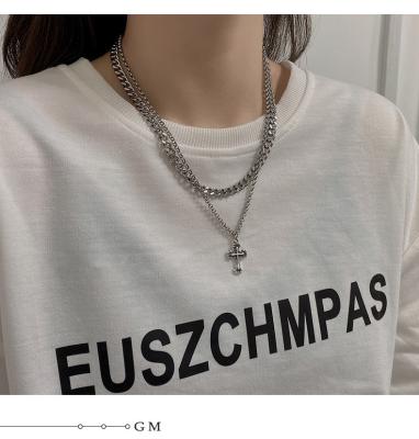 China Fashionable double layer stainless steel men and women sweater chain hip hop luxury unisex cross necklace for sale