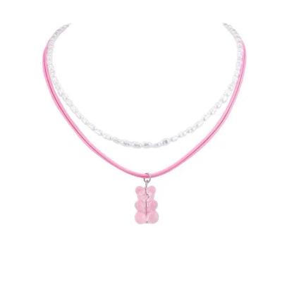 China Retro Double Pearl Pendant Necklace Europe and America Korea Bear Resin Girl Necklace Hip Hop Cute Imitation Pink Bear Girl Necklace for sale