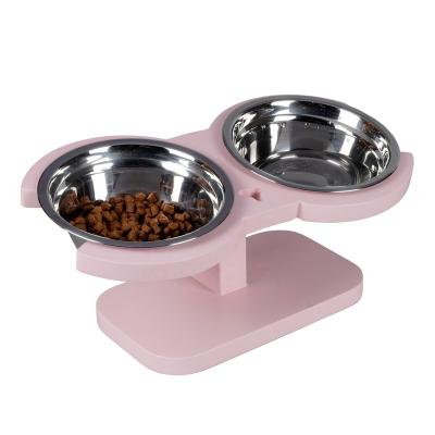 China Sustainable Cheap Wholesale Classic Rose Wooden MDF Pet Bowl Holder With Stainless Steel 2 Bowl for sale