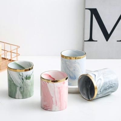 China Home Decor Mug Ceramic Marble Candle Jar Candle Jar Container Vessels With Gold Rim For Candle Making for sale