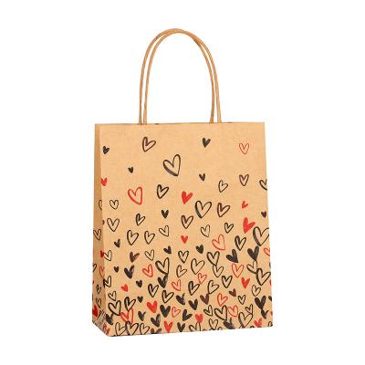 China Recyclable Ready to Ship Hearts Printed Flat Handle Kraft Paper Shopping Bag for Thanksgiving Valentine's Day for sale