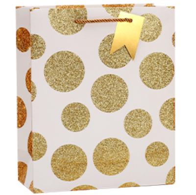 China Recyclable Customized offset printing paperboard polka dots gold foil shopping paper bags for clothing for sale