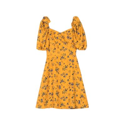 China Custom Made Girl Retro Printing Skirt Retro Print Summer Anti-Wrinkle Square Sleeve Puff Neck Slim Dress High Waist Dress for sale