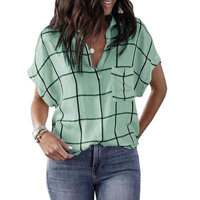 China Latest Custom Women's Short Sleeve Shirt Of Pocket High Quality Casual Loose Breathable V-Neck Print Check Shirt T-Shirt for sale