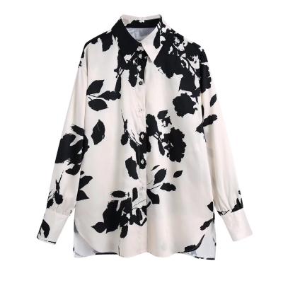 China Latest Breathable High Quality Vintage Casual Shirt Women Loose Print Lapel Long Sleeve Plain Shirt for sale