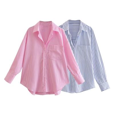 China Breathable women fashion raw custom loose temperament lapel poplin shirt stripe plain polyester top blouse for sale