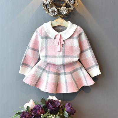 China 2021 Autumn Girls Casual Cute Plaid Sweater Korean Knit New Skirt Children Clothing Sets for sale