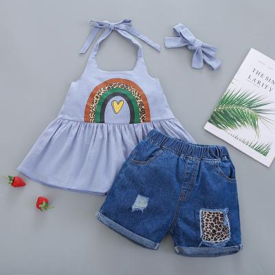 China 2021 fashionable children's suit girls rainbow print love leopard print bridle summer clothes casual for sale