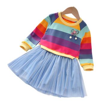 China 2019 Wholesale Washable Kids Clothes Mesh Rainbow Stripe Flower Sweater Quilting Kids Wear Girls Dress for sale