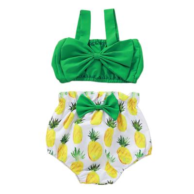 China Breathable Fashion Pineapple Bow Sling Top Print Two Pieces Newborn Infant Baby Toddler Kids Children Clothing Sets for sale