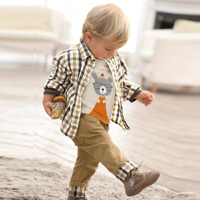 China Fashion Cartoon Pattern T-shirt Plaid Shirt Casual Panties Three Pieces Children Kids Boys Clothing Sets for sale