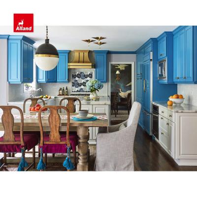 China Colorful solid wood farmhouse Allandcabinet kitchen furniture customized storage cabinet painted white and blue classic for sale