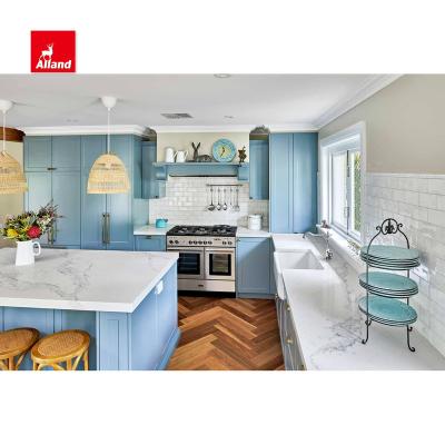 China Allandcabinet Modern Kitchen Sideboards Lacquer Warm Light Blue Dining Room Furniture Sets Shaker Door Panel for sale