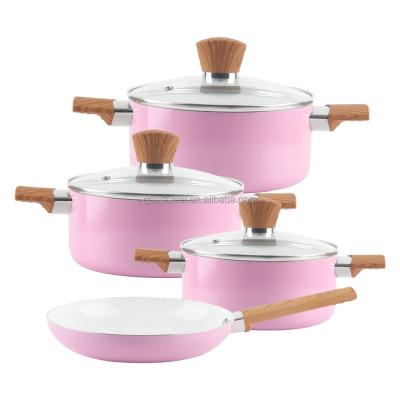 China Sustainable Induction Bottom Pots Pans Pressed Casserole Aluminum Marble Stick Non Ceramic Pot Set for sale