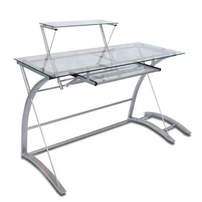 China Knocked Down Office Tempered Glass Top Metal Computer Desk With Shelves And Tray for sale