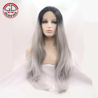 China Can be changed from straight to curly without frizz or tangling. High Quality Gray Full Two Toned Synthetic Cheap Black Wigs for sale