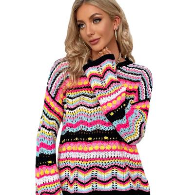 China 2021 Wholesale Anti-wrinkle Fashion Autumn High Quality Knitted Printed V-Neck Bohemian Style Women Knit Jumper Sweaters for sale