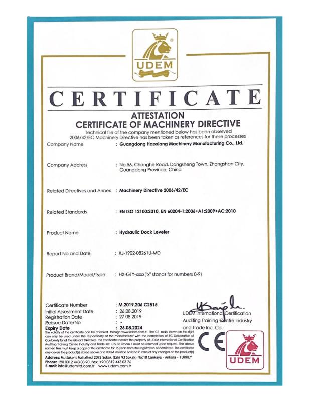 CERTIFICATE - Guangdong Haoxiang Machinery Manufacturing Co., Ltd.