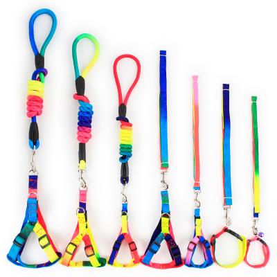 China China Yiwu Pet Products Supplier Viable Wholesale Round / Belt Rainbow Color Flat Durable Nylon Dog Leash With Harness Multi Colors for sale