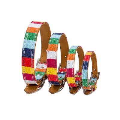 China Personalized Colorful Canvas Leather PU Rainbow Dog Collar and Leash with Adjustable Metal Buckle for sale