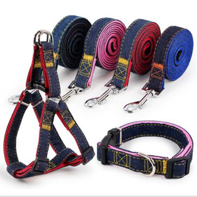 China America's Viable Hot Selling Pet Products 120CM Jean Nylon Material Dog Harness Leash Collar Sets With Black/Red/Blue/Pink Colors for sale