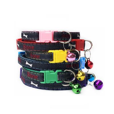 China Durable Adjustable Jeans Cloth Wear Bell Cat Dog Collar Bone Printed Pet Supplies Accessories for sale