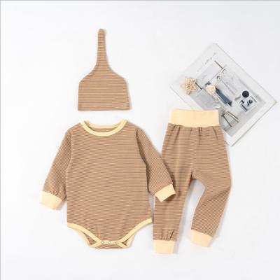 China 3 Pcs Autumn Casual Soft Stripes Hat Antibacterial Newborn Baby Clothes Baby Rompers Set Pants for sale